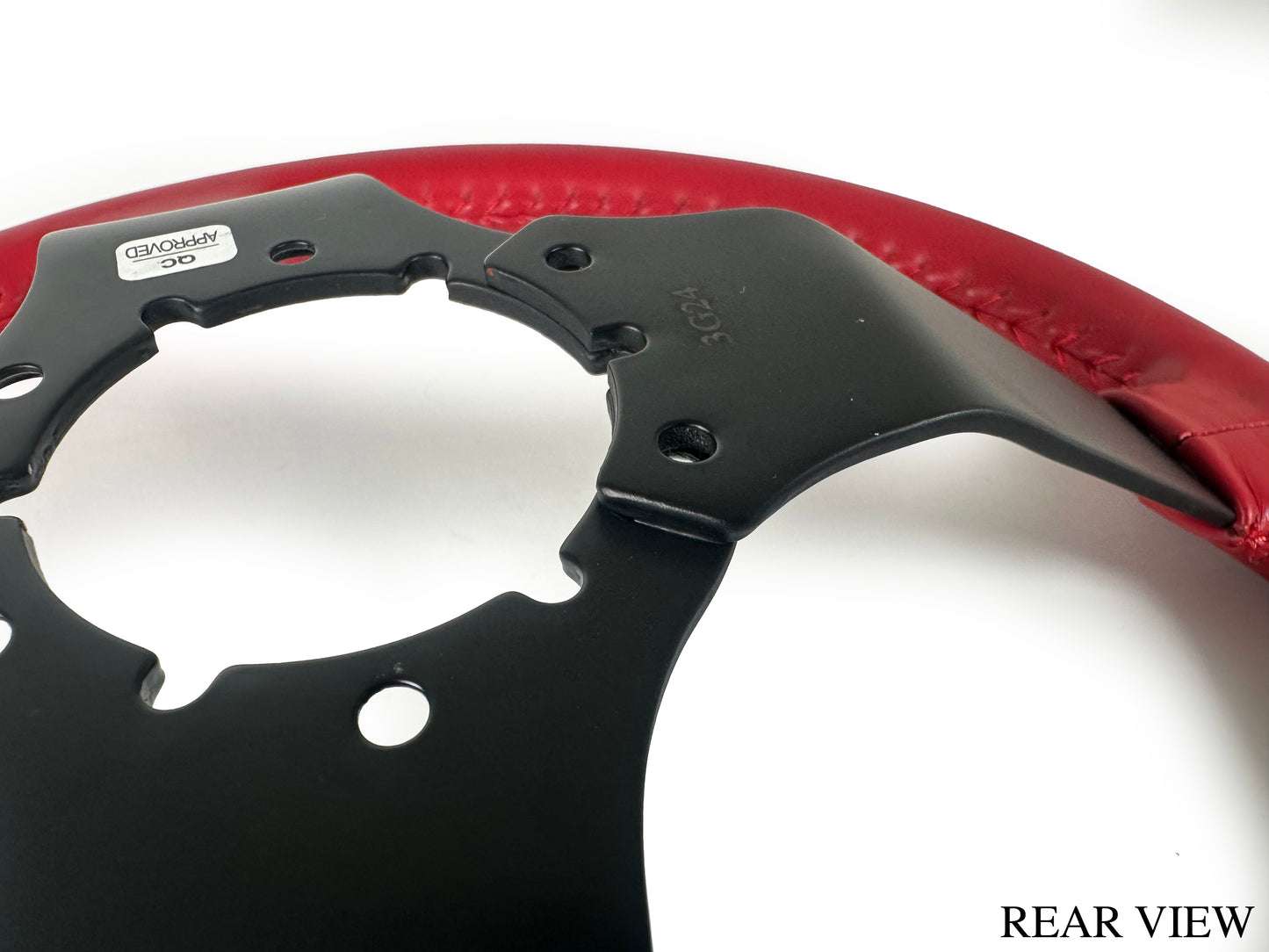14" Red Leather Steering Wheel, 6-Bolt Solid Powder Coated Spokes