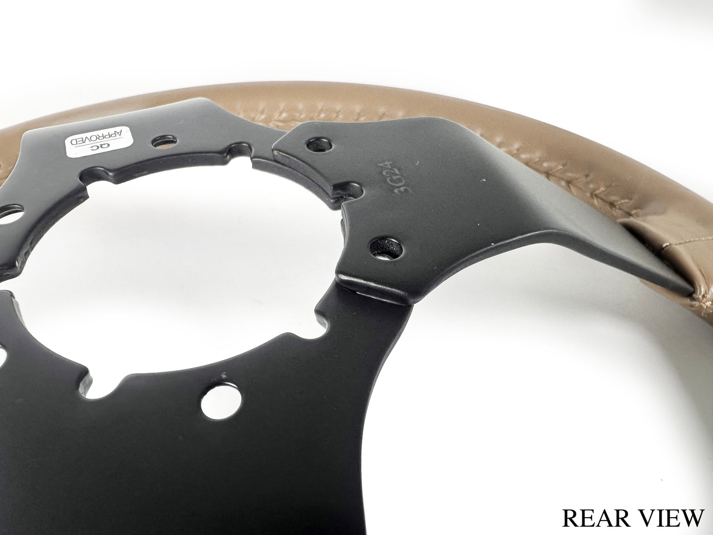 14" Tan Leather Steering Wheel, 6-Bolt Solid Powder Coated Spokes