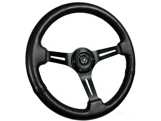 14" Black Leather Steering Wheel, 6-Bolt Black Aluminum Spokes