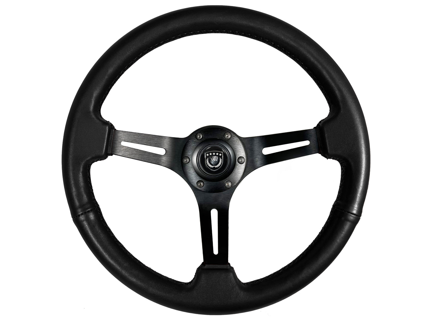 14" Black Leather Steering Wheel, 6-Bolt Black Aluminum Spokes