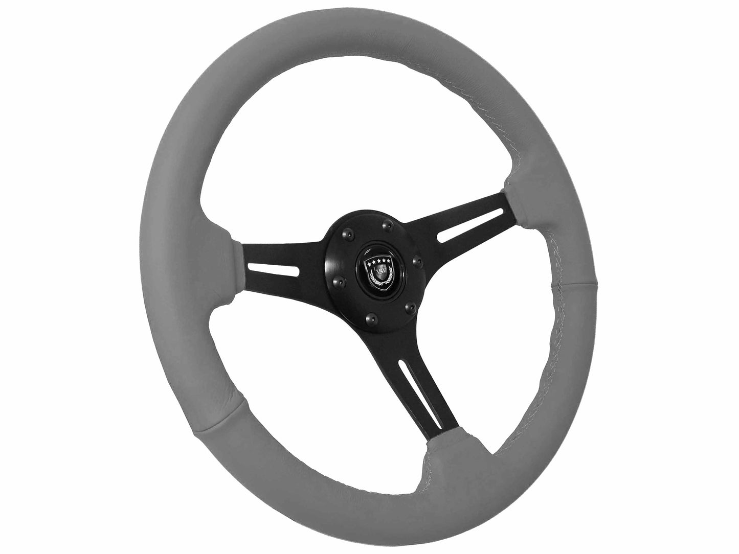 14" Gray Leather Steering Wheel, 6-Bolt Black Aluminum Spokes