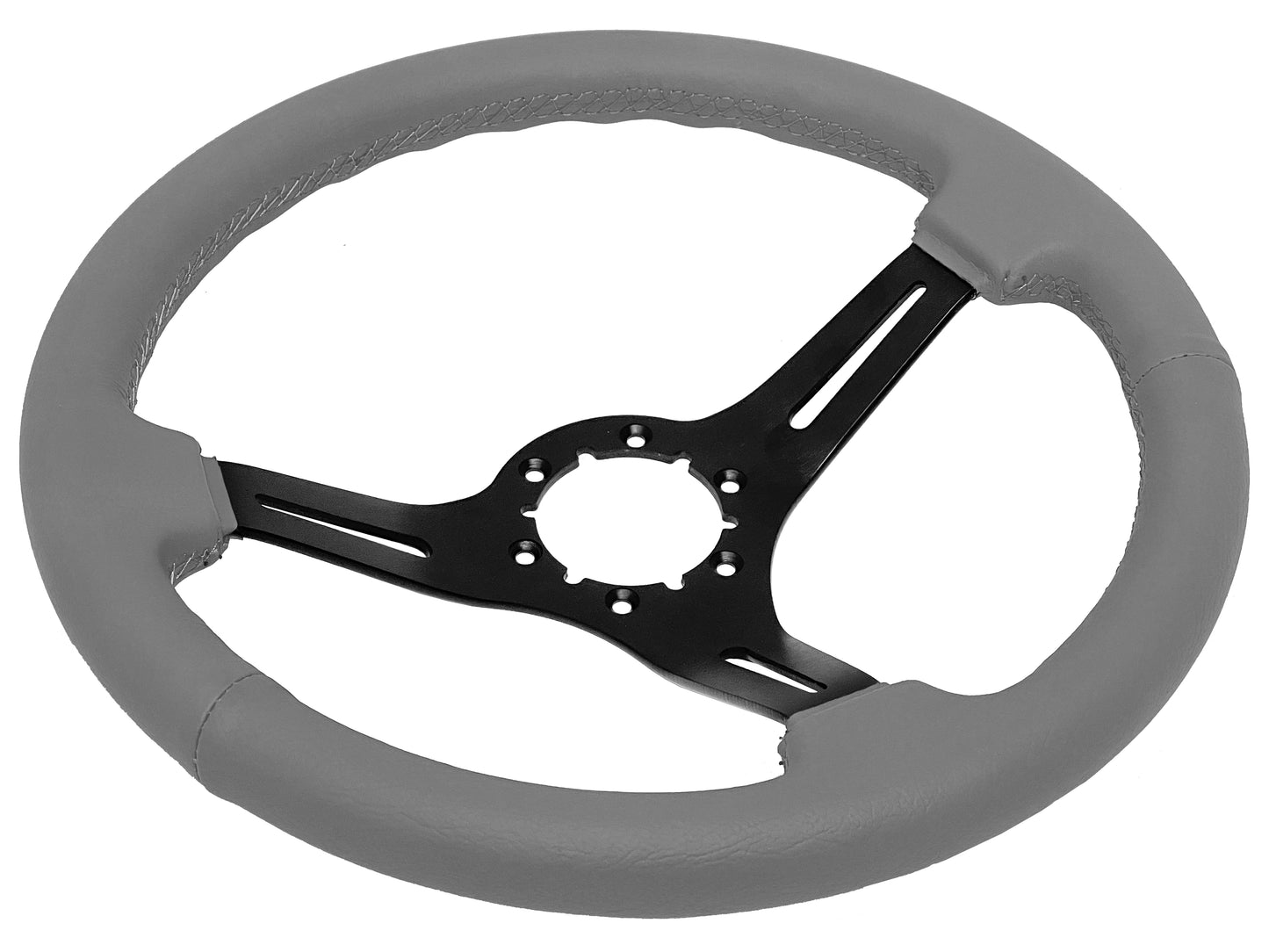14" Gray Leather Steering Wheel, 6-Bolt Black Aluminum Spokes