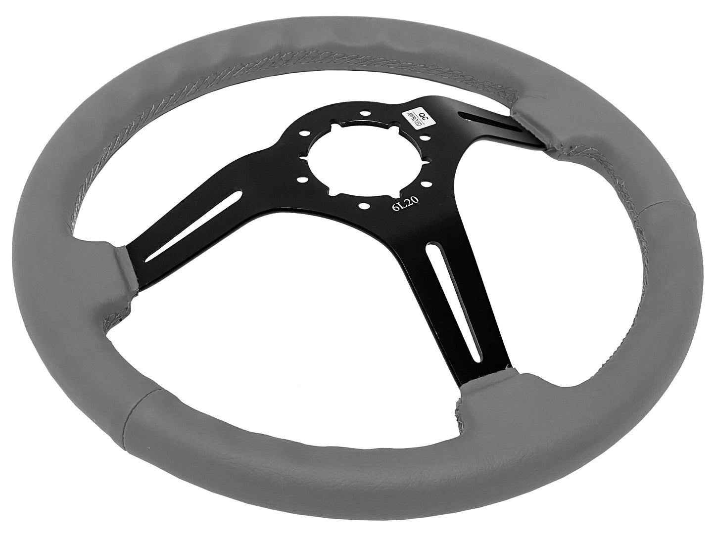 14" Gray Leather Steering Wheel, 6-Bolt Black Aluminum Spokes