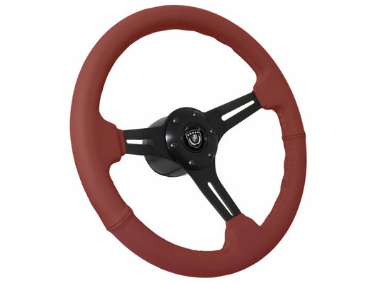 14" Red Leather Steering Wheel, 6-Bolt Black Aluminum Spokes