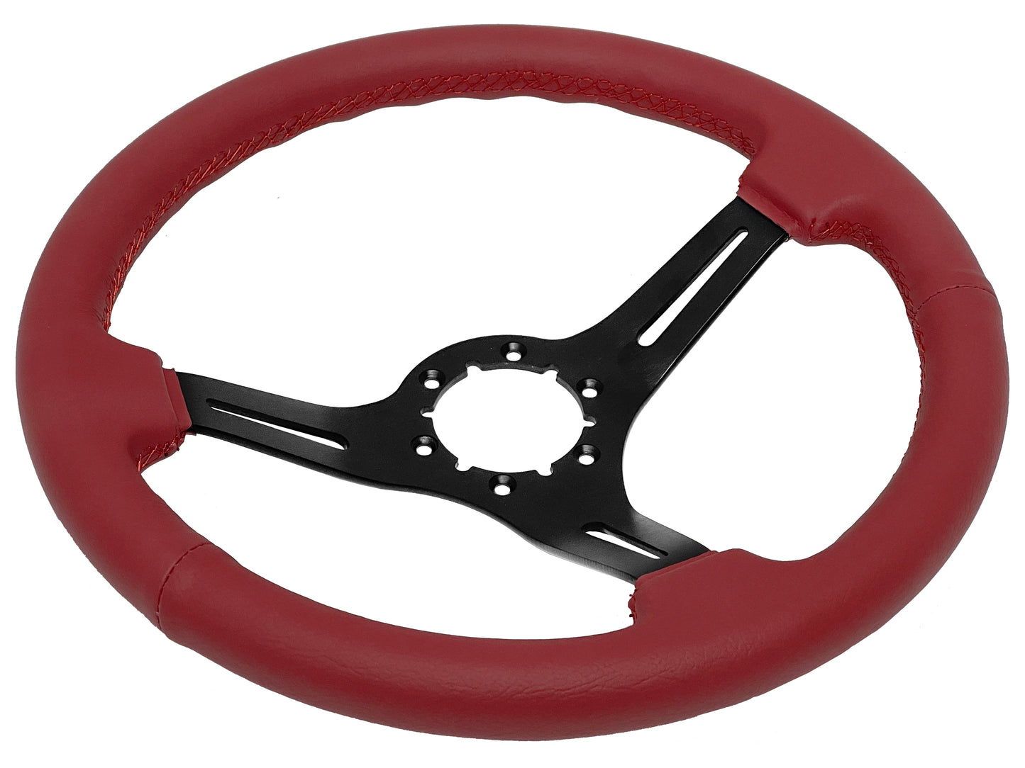 14" Red Leather Steering Wheel, 6-Bolt Black Aluminum Spokes