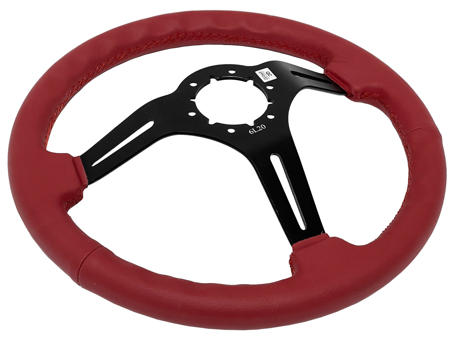 14" Red Leather Steering Wheel, 6-Bolt Black Aluminum Spokes