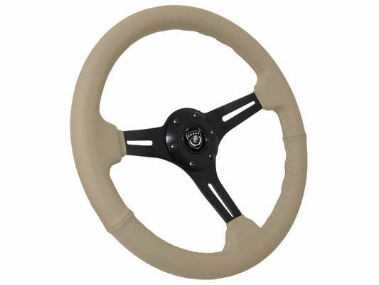 14" Tan Leather Steering Wheel, 6-Bolt Black Aluminum Spokes