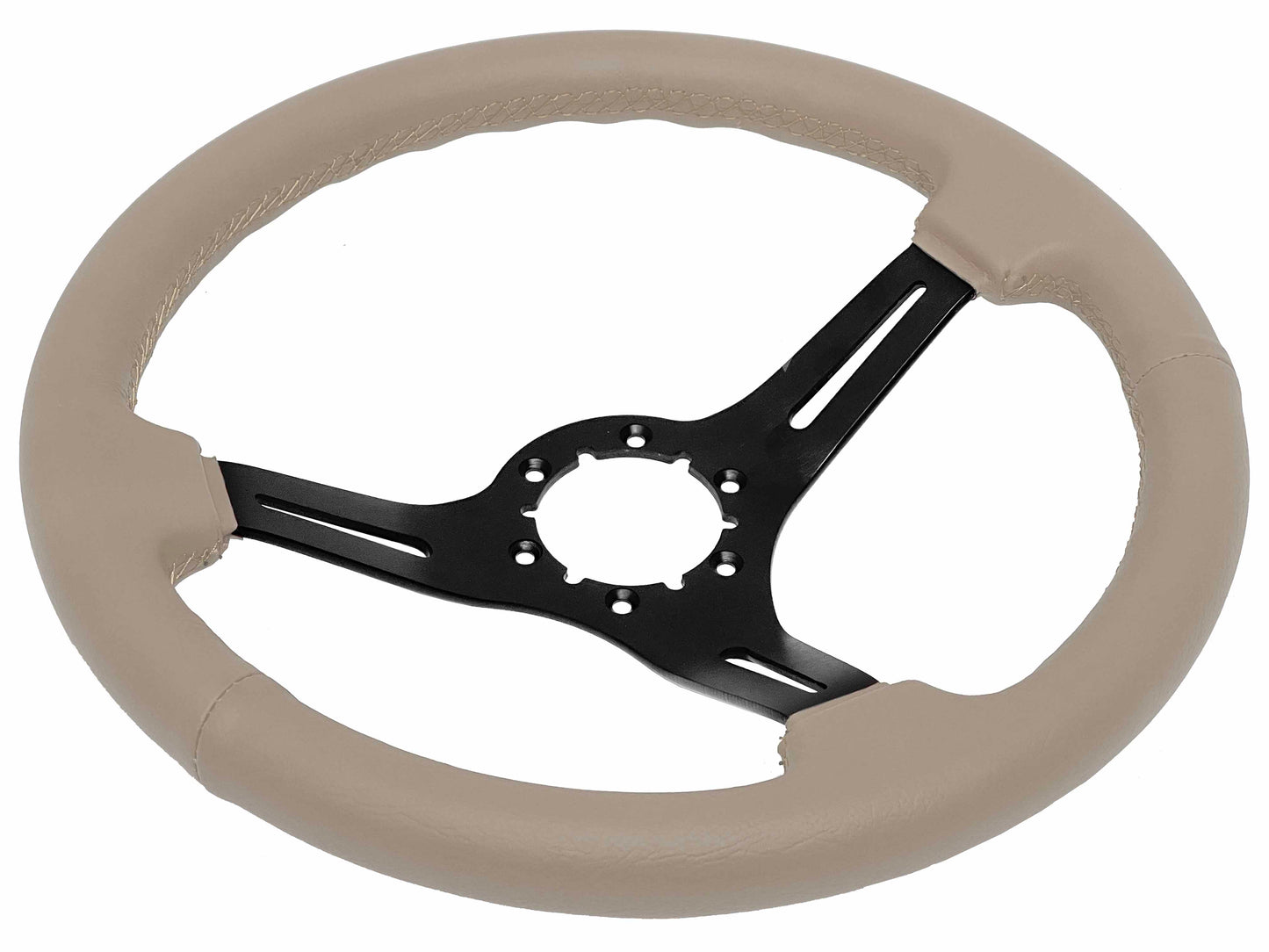 14" Tan Leather Steering Wheel, 6-Bolt Black Aluminum Spokes