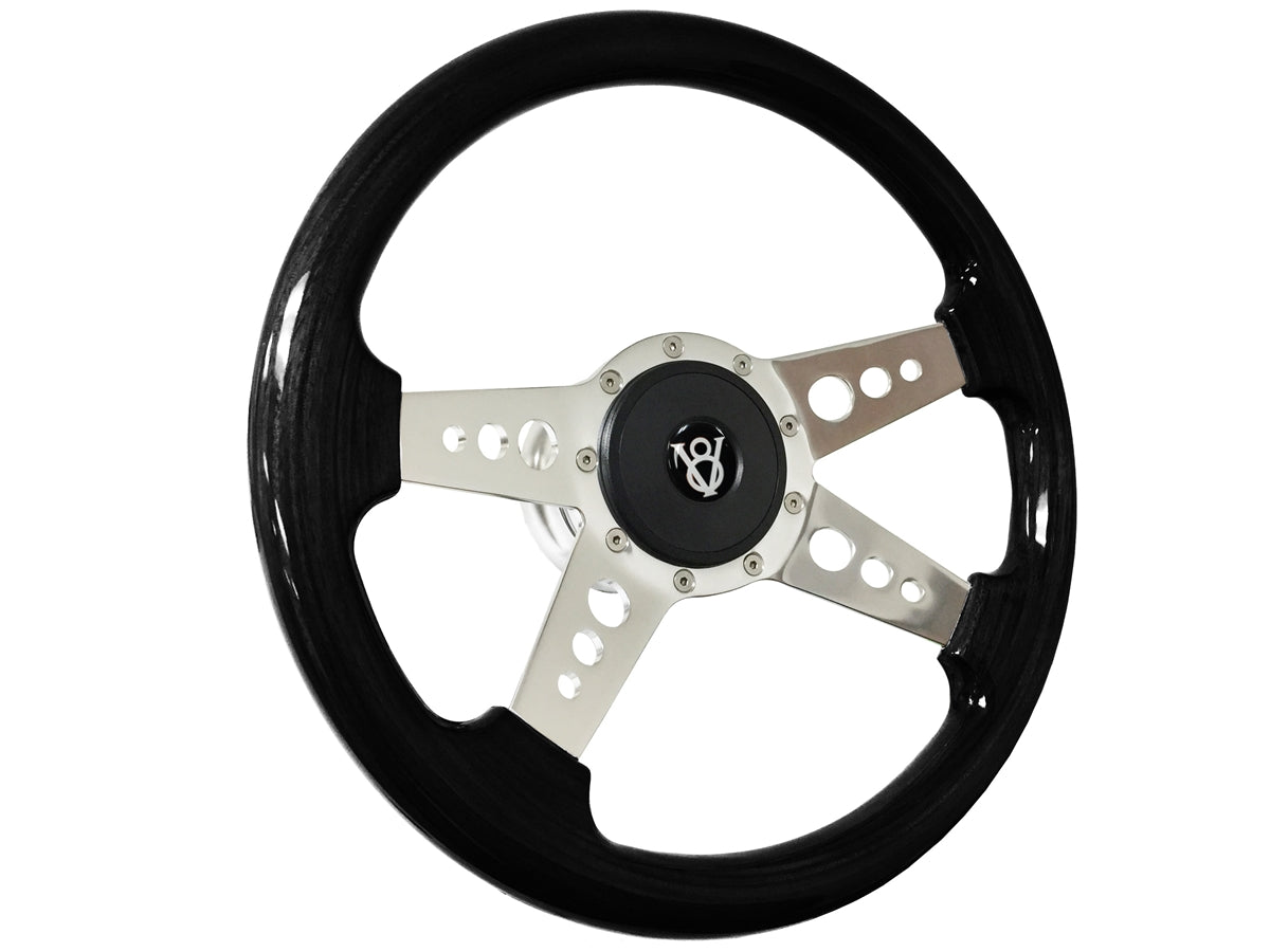 14" Black Ash Wood 9-Bolt Steering Wheel Hot Rod V8 Kit, 4-Spoke Holes