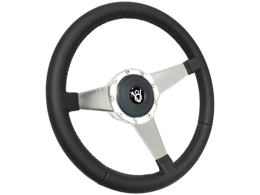 14" Leather 9-Bolt Steering Wheel Hot Rod V8 Kit, Solid 3-Spoke