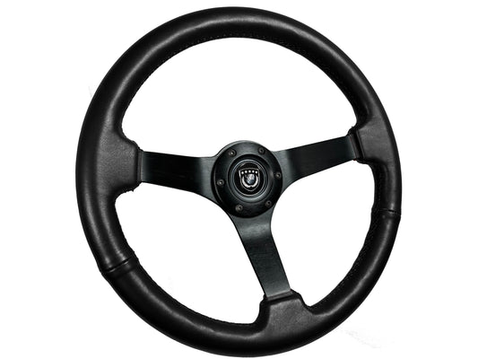 14" Black Leather Steering Wheel, 6-Bolt Black Aluminum Spokes