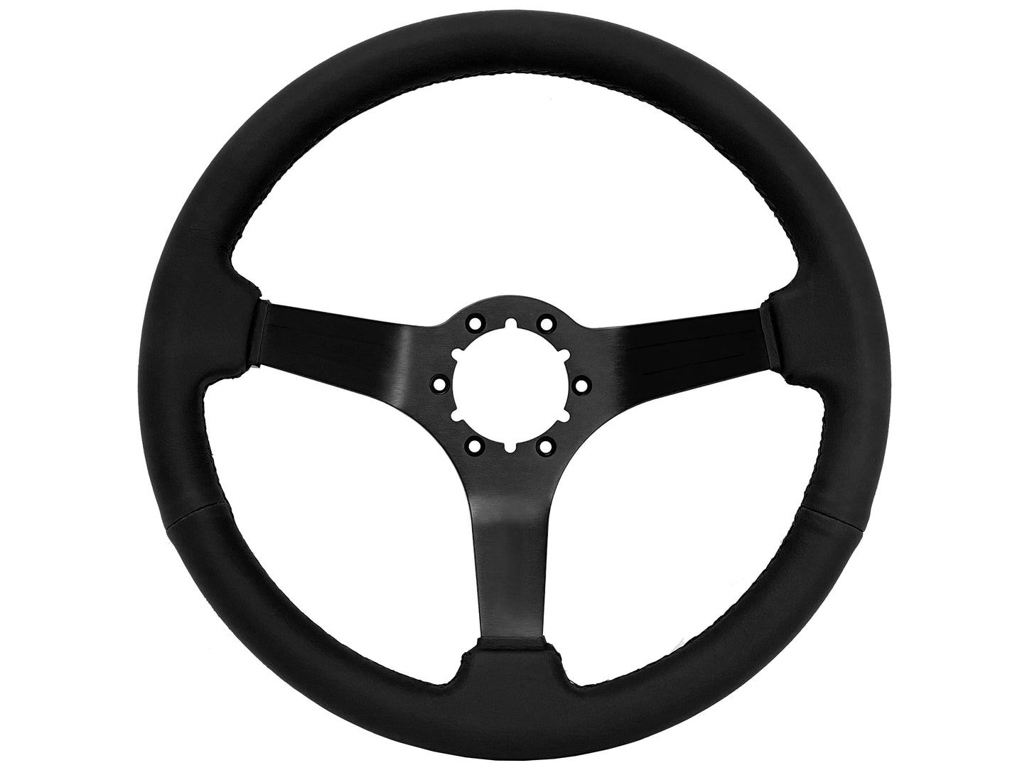 14" Black Leather Steering Wheel, 6-Bolt Black Aluminum Spokes
