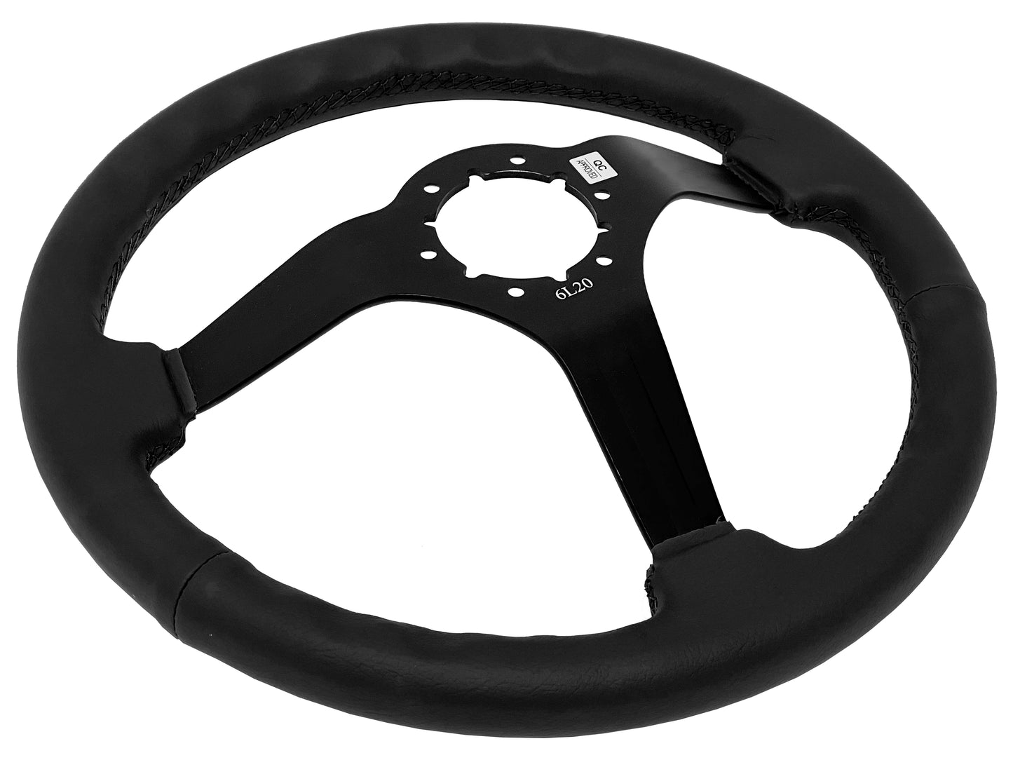 14" Black Leather Steering Wheel, 6-Bolt Black Aluminum Spokes