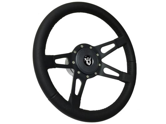 14" Leather 9-Bolt Steering Wheel Hot Rod V8 Black Kit, Slotted 4-Spoke