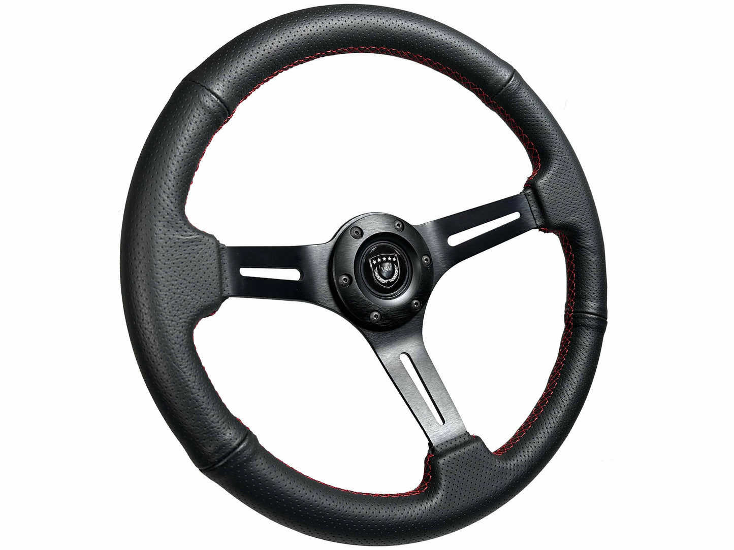 14" Perforated Leather 6-Bolt Steering Wheel, Black Spokes, Red Stitch