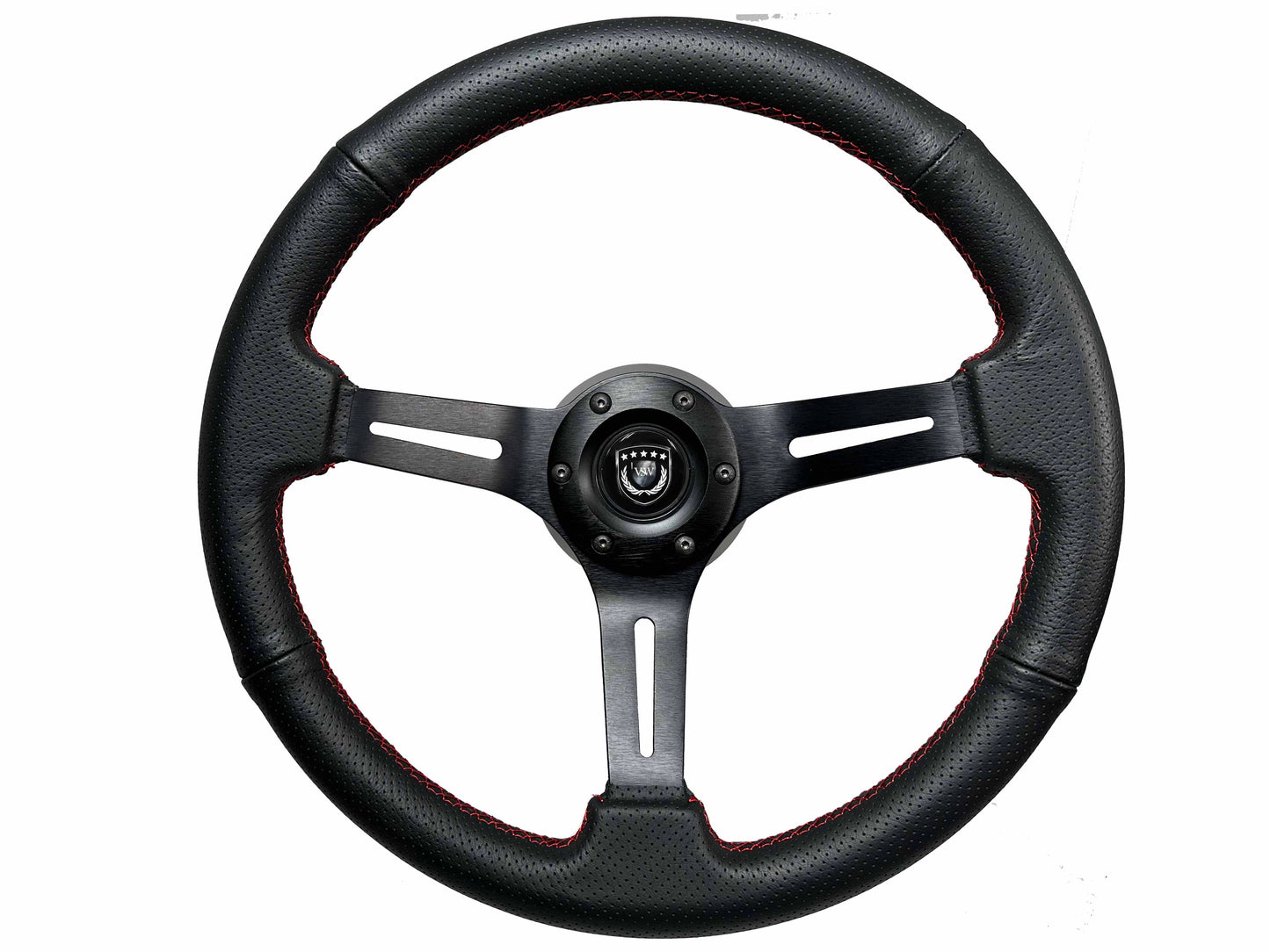 14" Perforated Leather 6-Bolt Steering Wheel, Black Spokes, Red Stitch