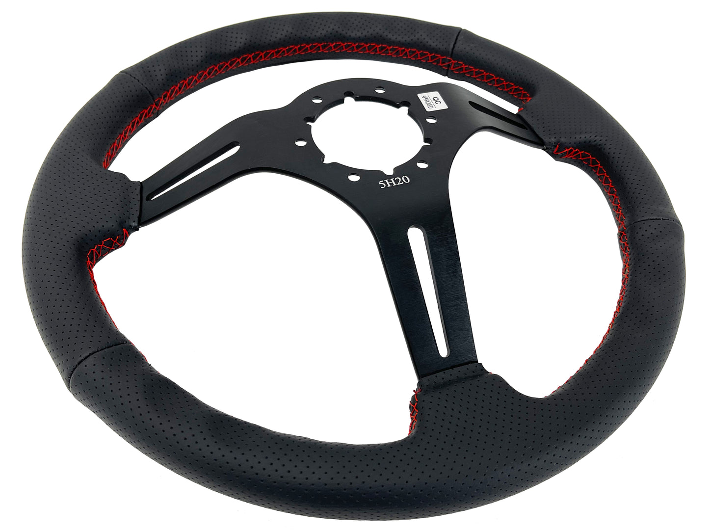 14" Perforated Leather 6-Bolt Steering Wheel, Black Spokes, Red Stitch