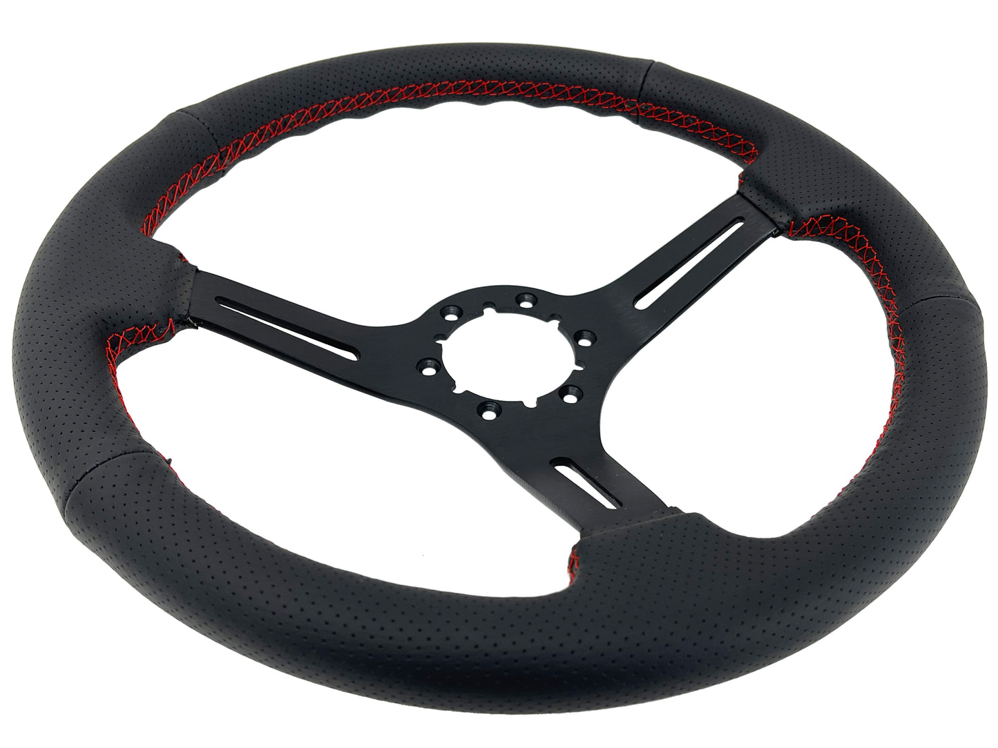 14" Perforated Leather 6-Bolt Steering Wheel, Black Spokes, Red Stitch