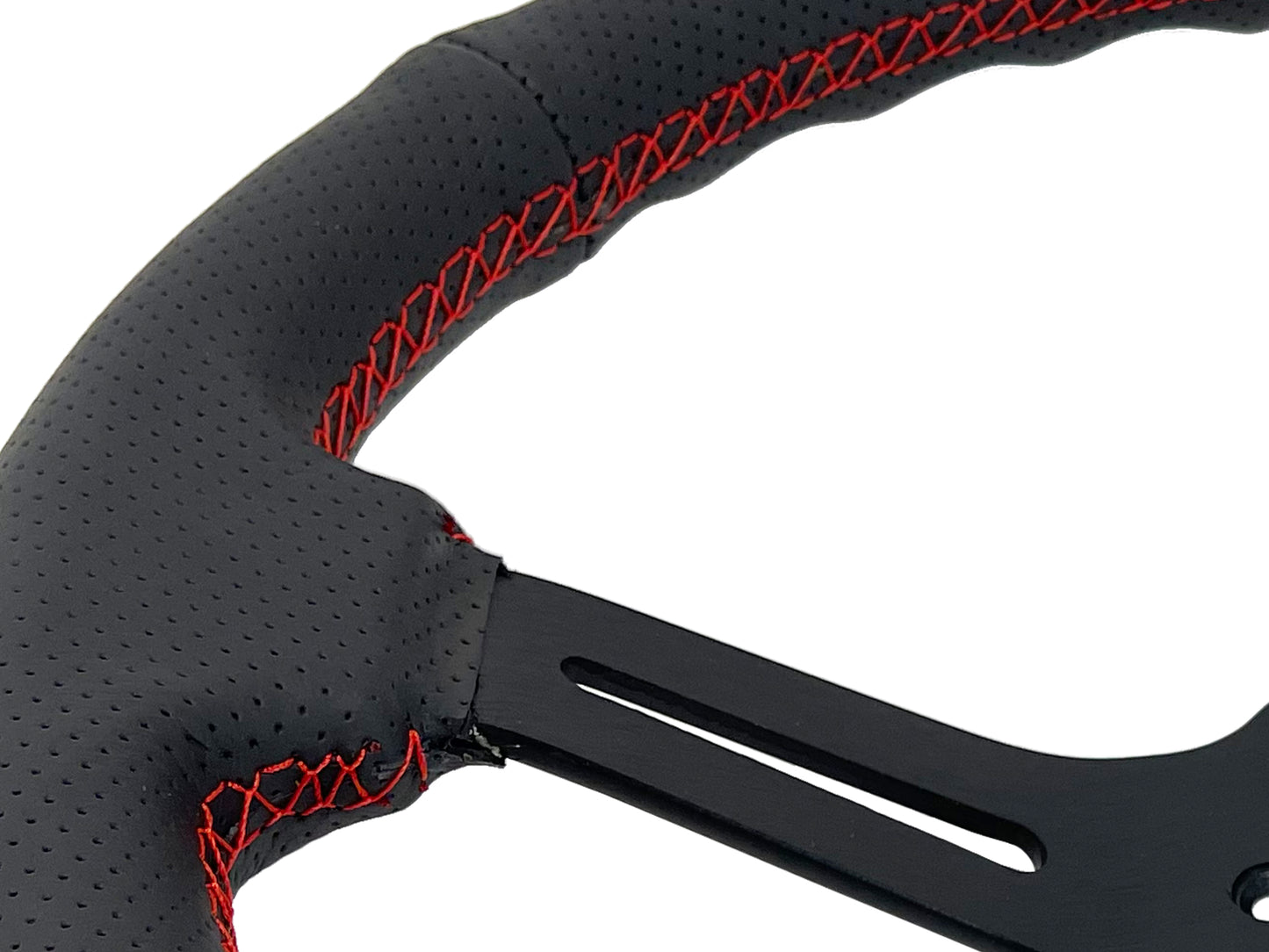 14" Perforated Leather 6-Bolt Steering Wheel, Black Spokes, Red Stitch