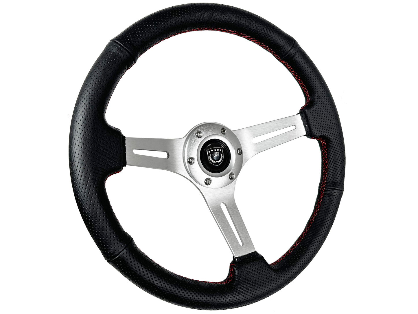 14" Perforated Leather 6-Bolt Steering Wheel, Brushed Aluminum Spokes, Red Stitch