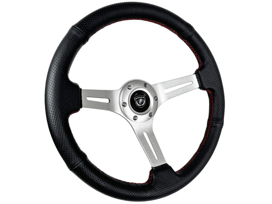 14" Perforated Leather 6-Bolt Steering Wheel, Brushed Aluminum Spokes, Red Stitch