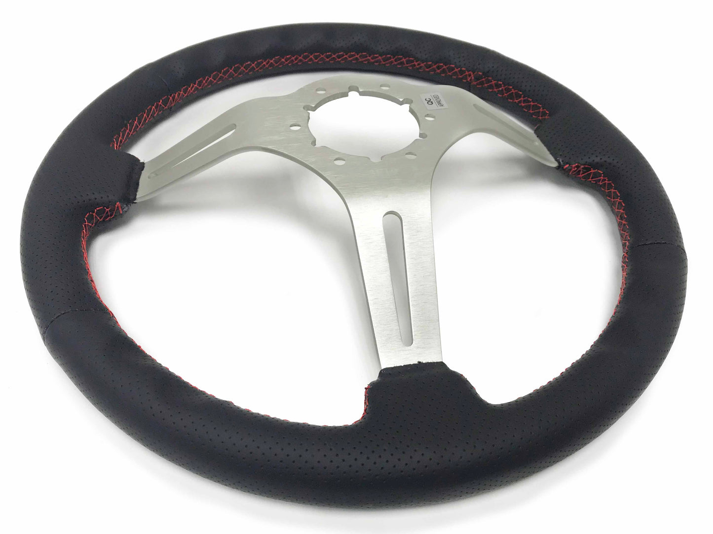 14" Perforated Leather 6-Bolt Steering Wheel, Brushed Aluminum Spokes, Red Stitch