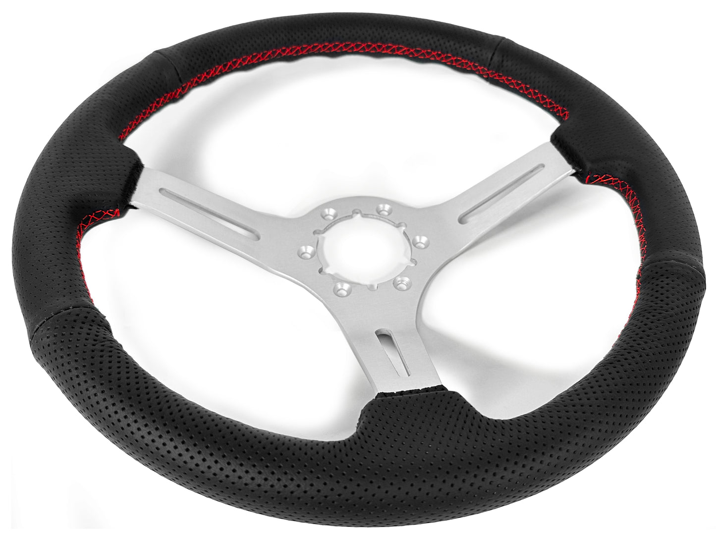 14" Perforated Leather 6-Bolt Steering Wheel, Brushed Aluminum Spokes, Red Stitch