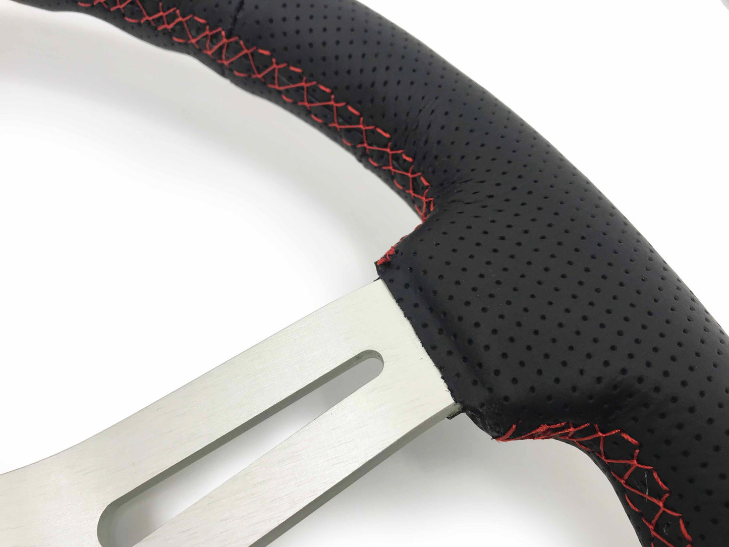 14" Perforated Leather 6-Bolt Steering Wheel, Brushed Aluminum Spokes, Red Stitch