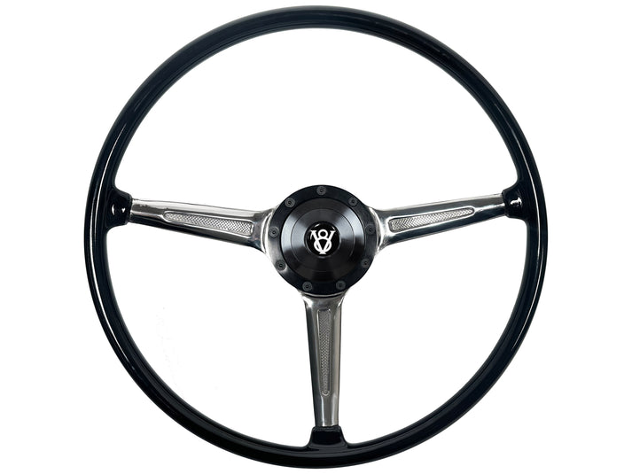356 Style 9-Bolt Steering Wheel Black Hot Rod Kit, Billet Horn Button ...