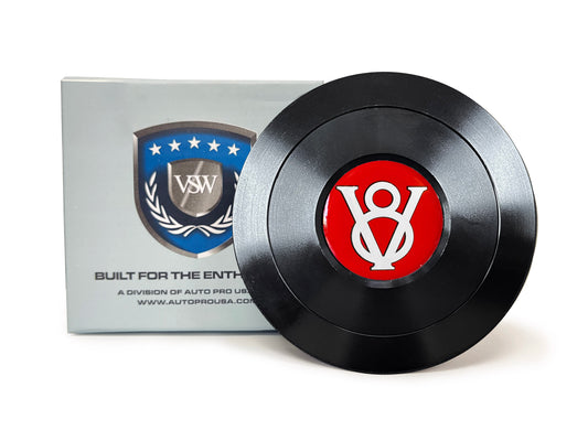 VSW 9-Bolt Black Billet Horn Button, Red Hot Rod V8 Gel Emblem