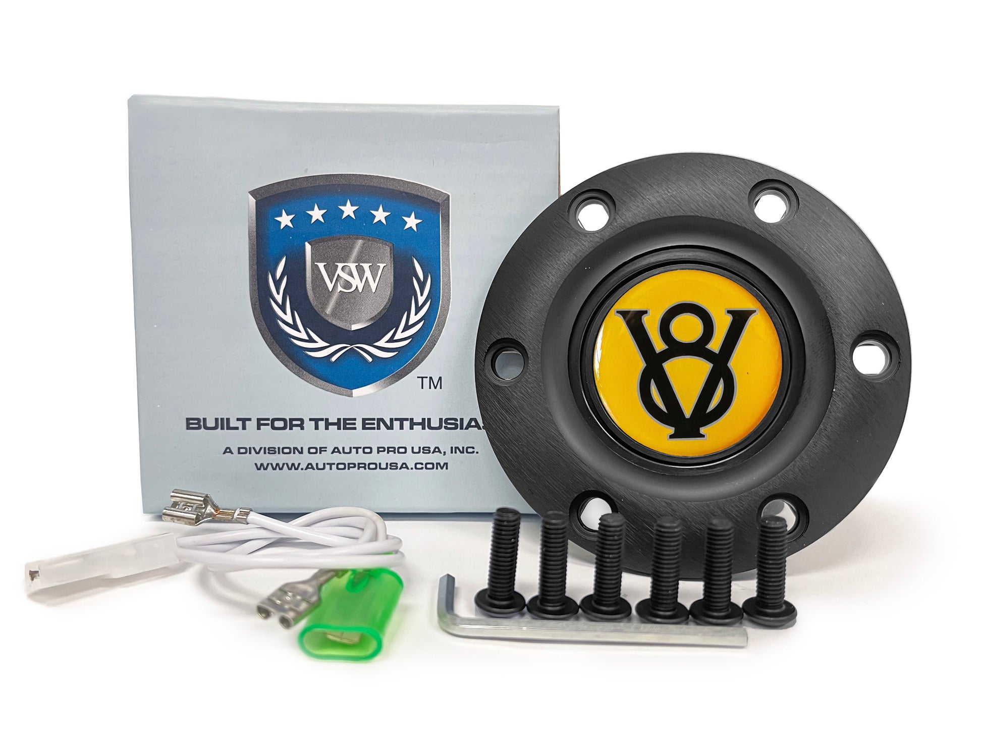 VSW 6-Bolt Black Horn Button with Yellow Hot Rod V8 Gel Emblem ...